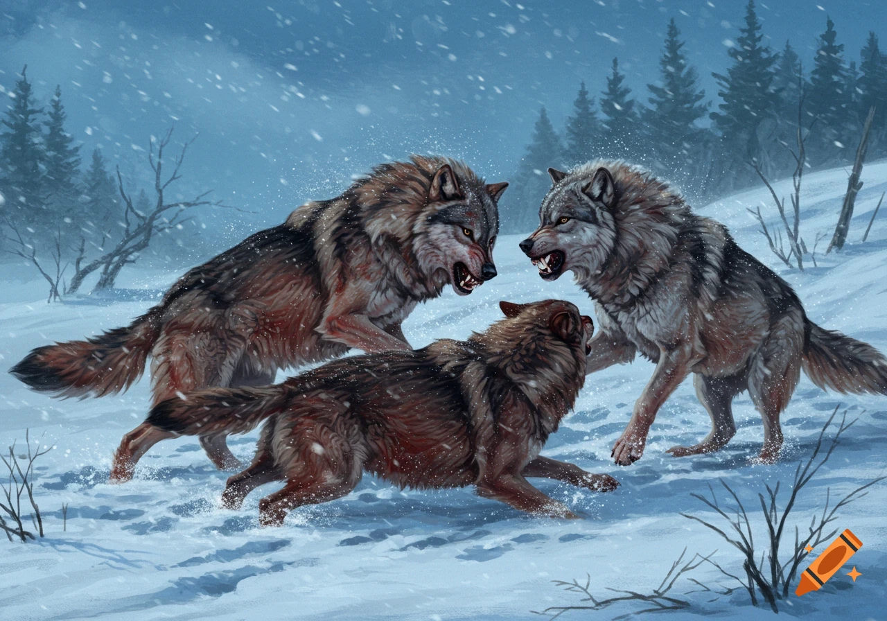 Three gray wolves fighting fiercely in a snowy forest, with visible blood and snarling expressions.