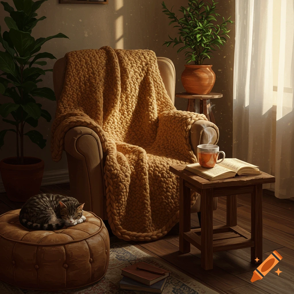 A cozy living room with a sleeping tabby cat on an ottoman, a large armchair with a knitted blanket, and a side table with a steaming mug and an open book.