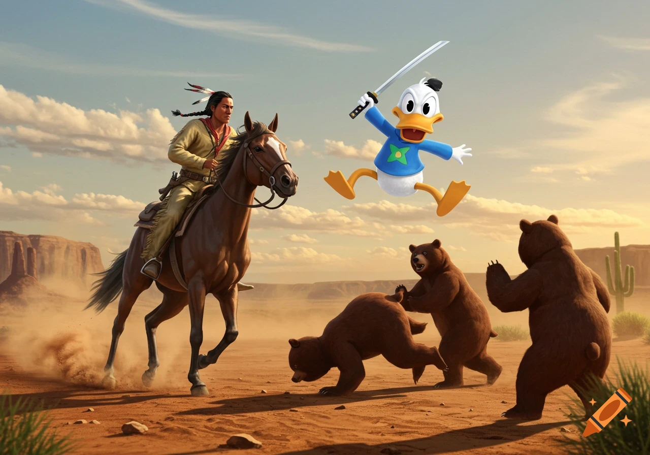 A Native American man on horseback in a desert landscape watches as a cartoon duck with a samurai sword jumps towards three brown bears.