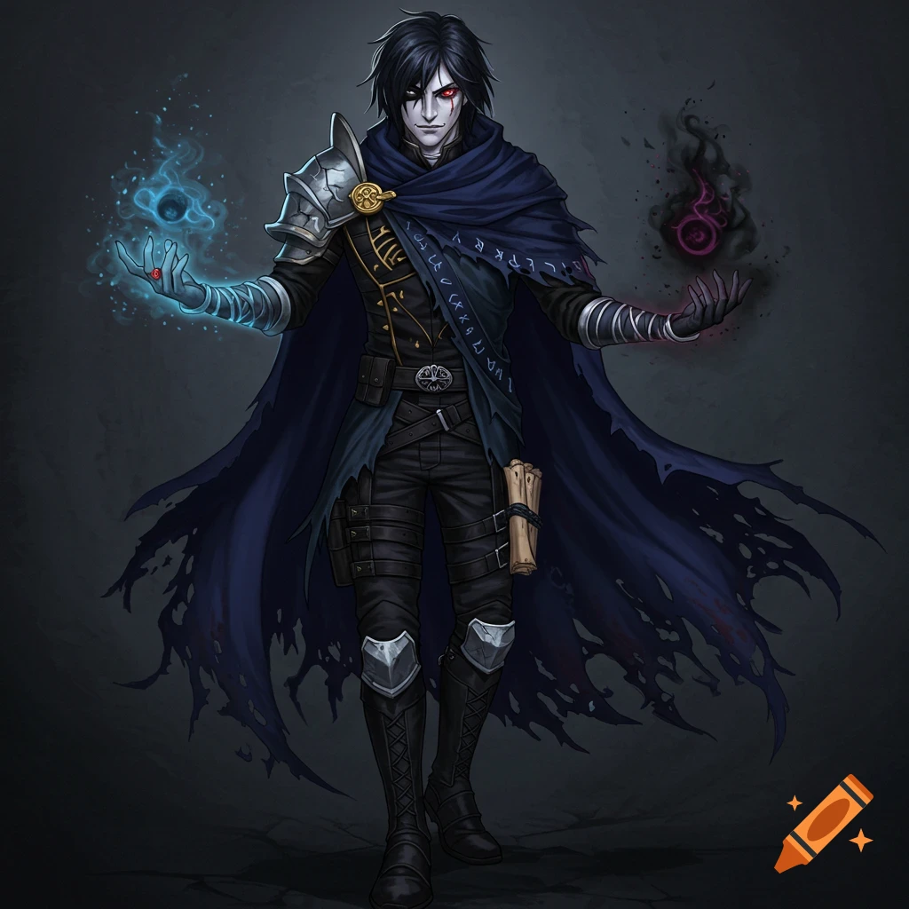 A dark-haired male character with red eyes and pale skin in a torn blue cloak and black armor, holding glowing blue and dark purple magic.