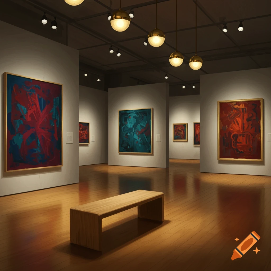 An empty art gallery featuring several abstract paintings on white walls, polished wooden floors, and a long wooden bench under warm hanging lights.