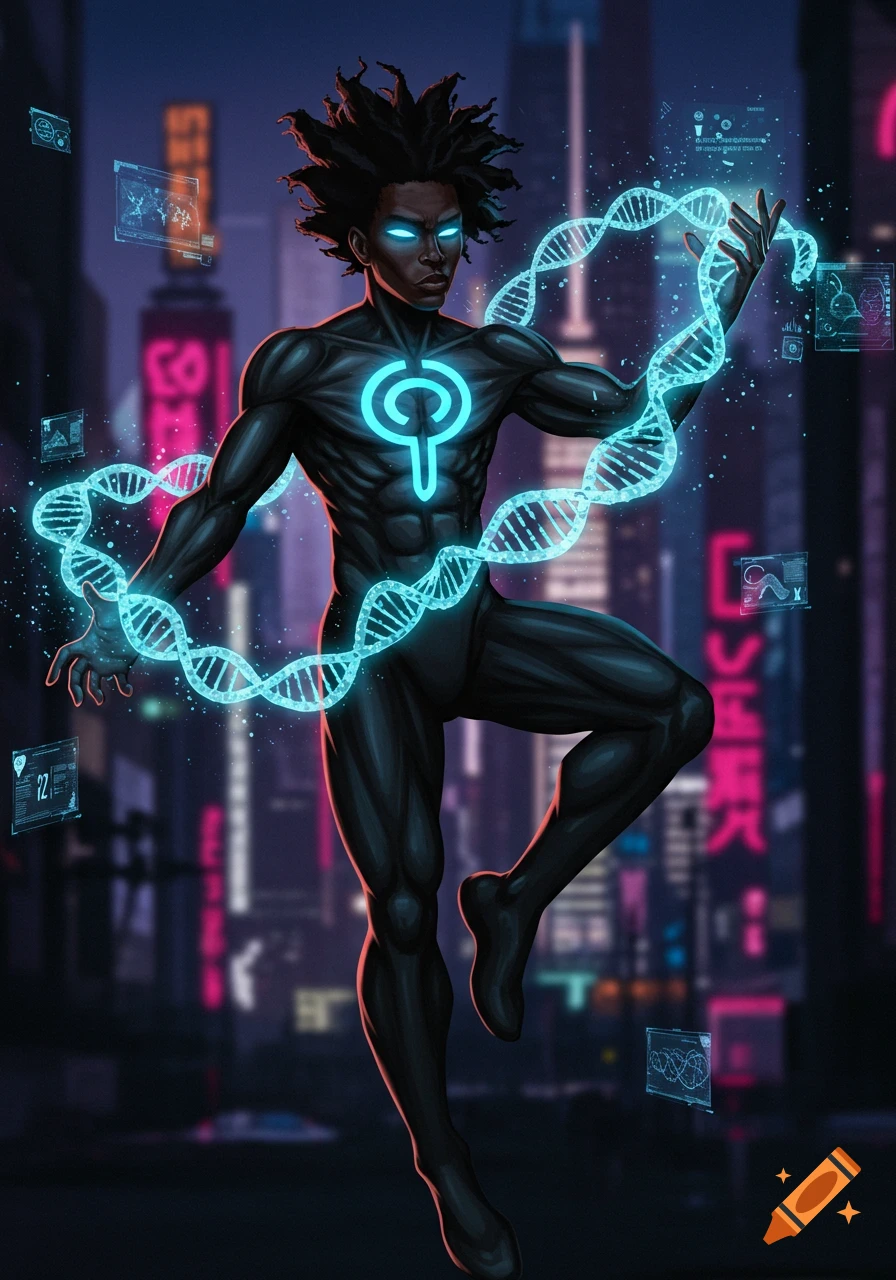 A male superhero with glowing eyes and a symbol on his chest, manipulating glowing DNA helixes in a neon-lit cityscape.