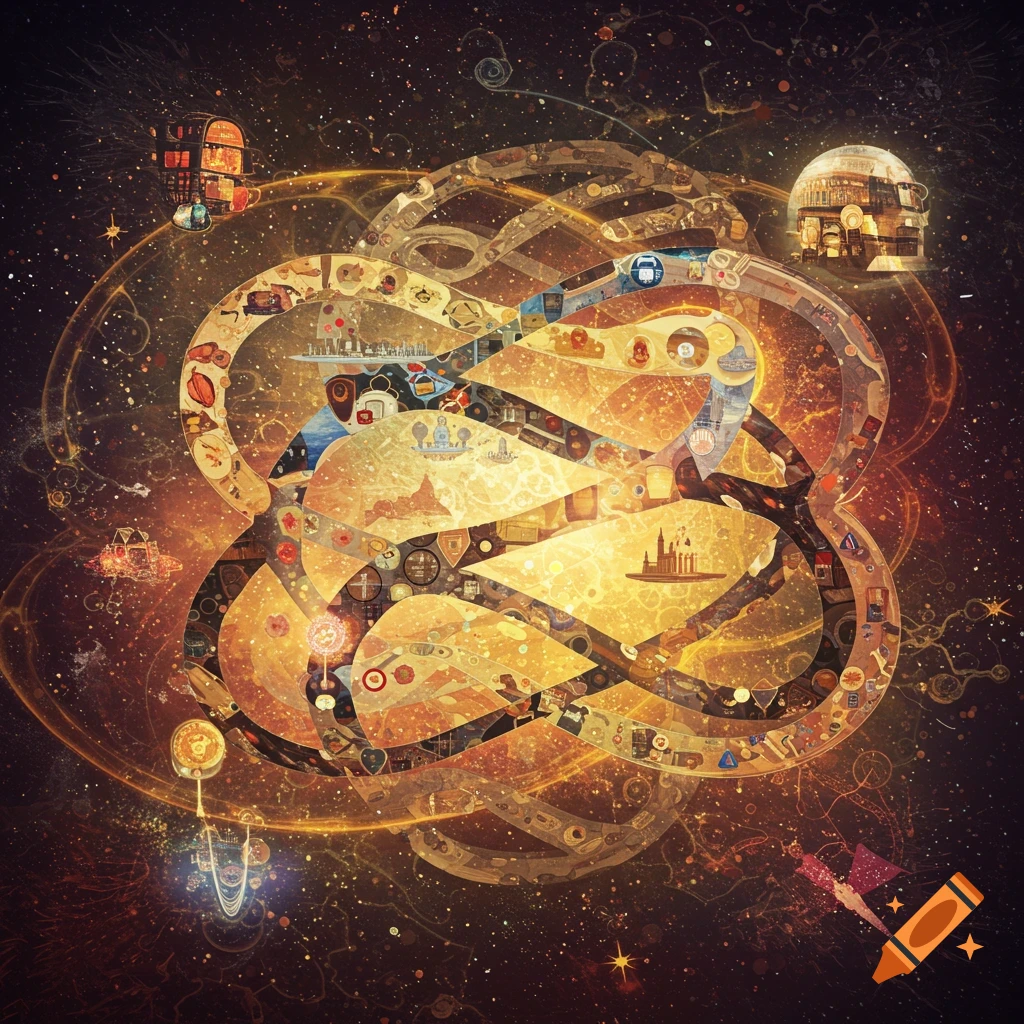 Intricate, golden abstract mental map with intertwined pathways and symbols, set against a dark, starry cosmic background.