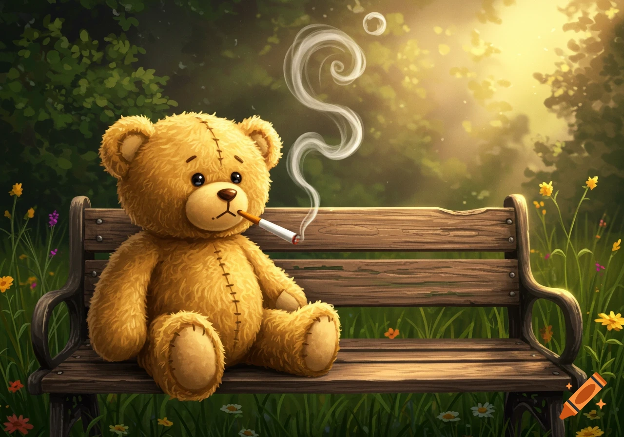 A fluffy brown teddy bear sits on a park bench, smoking a cigarette, in a lush, sunny illustrated park with wildflowers.
