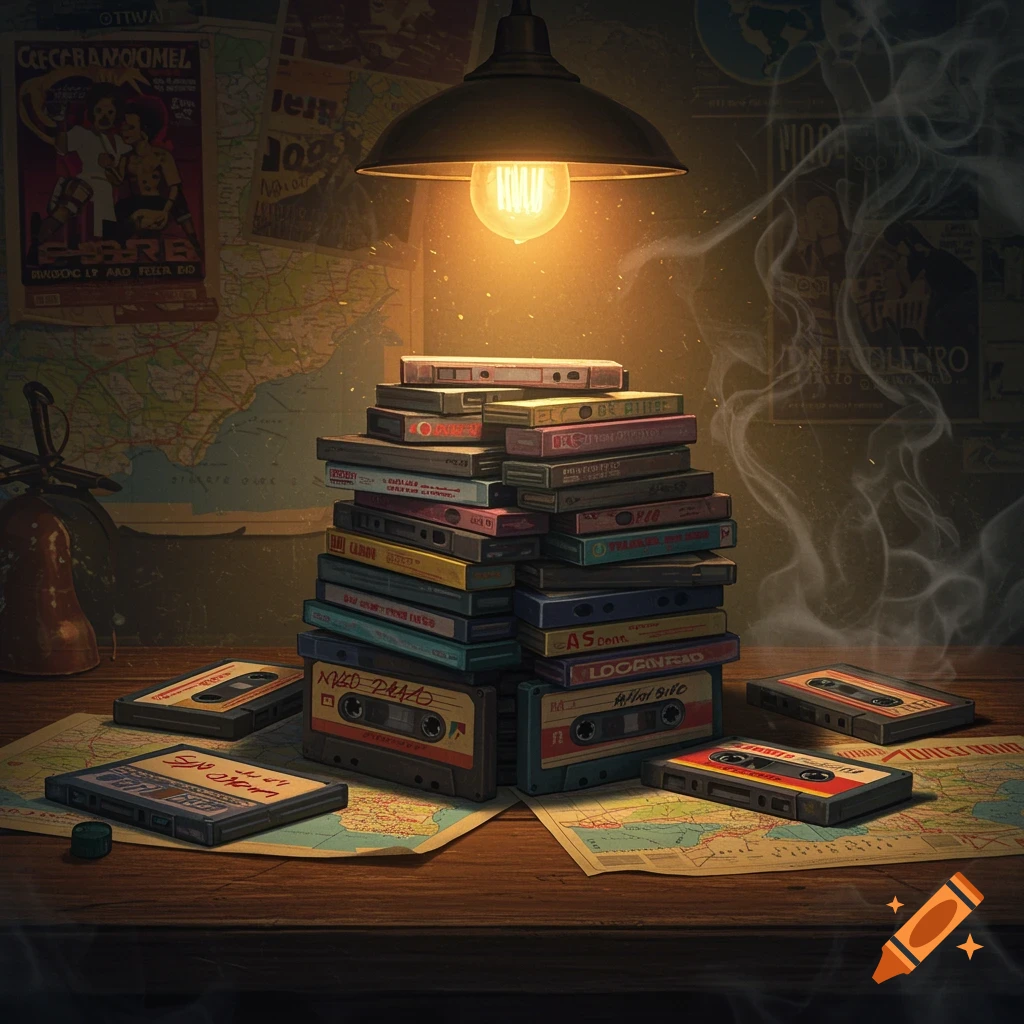 A towering stack of cassette tapes on a wooden desk, surrounded by scattered maps, all illuminated by a glowing vintage lamp.