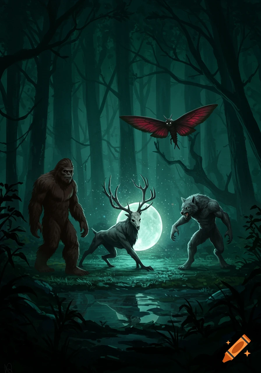 A dark, moonlit forest scene with Bigfoot, a skeletal deer, Mothman, and a werewolf gathered around a glowing orb.