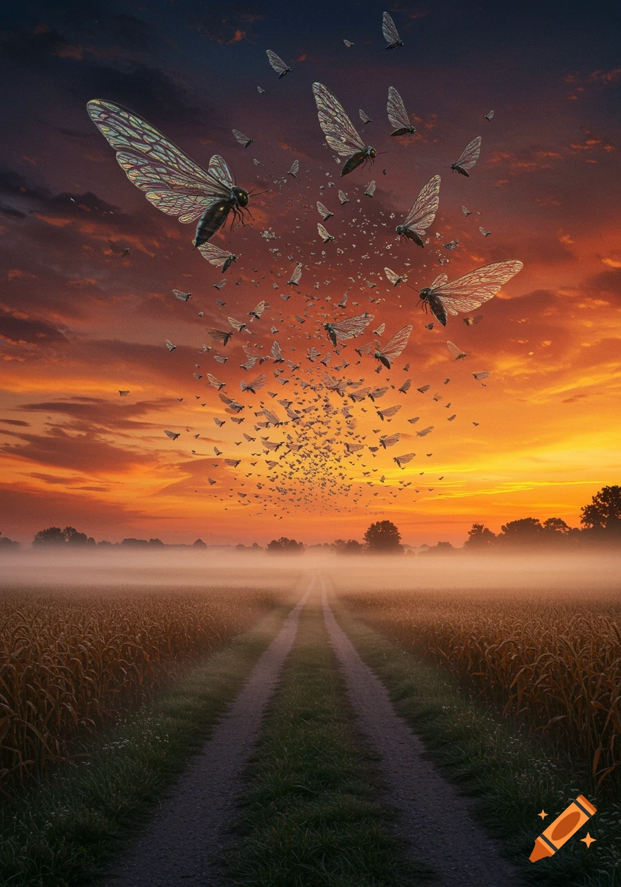 A photorealistic image of a swarm of insects with large, translucent wings flying over a foggy farmland path at sunset, with an orange and purple sky.