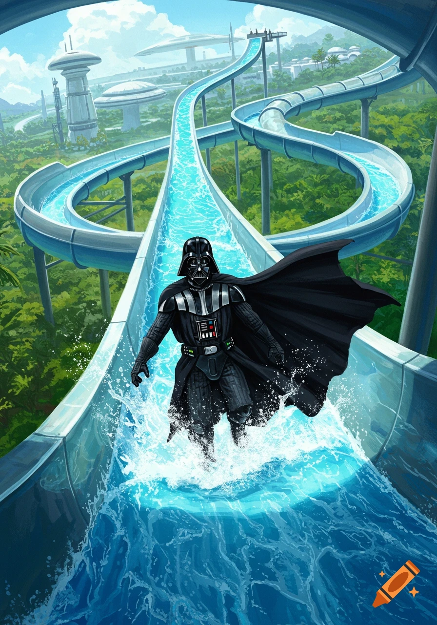 Darth Vader slides down a blue waterslide, splashing water, in a futuristic outdoor waterpark with buildings and trees.