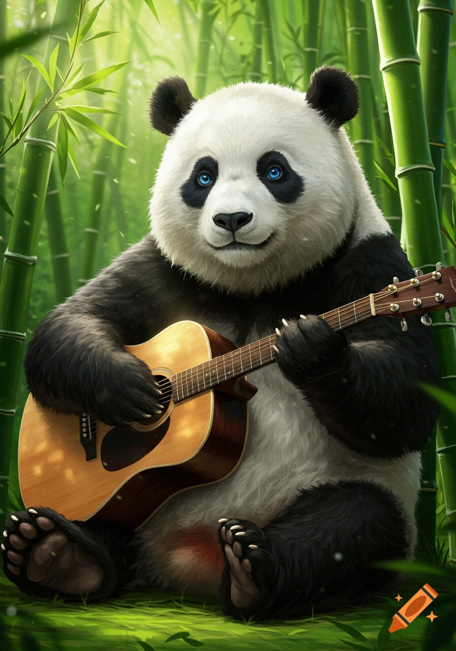A smiling panda with bright blue eyes sits among bamboo trees, strumming an acoustic guitar.