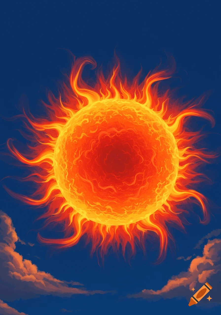 An abstract, fiery orange sun with swirling flames against a deep blue sky and wispy clouds.
