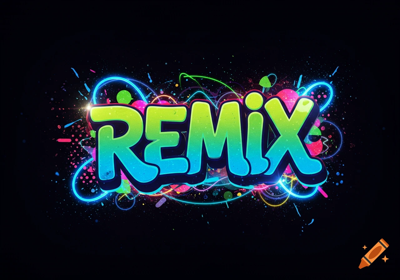 Vibrant neon-style graphic with the word 'REMIX' in green and blue gradient, surrounded by colorful glowing lines and paint splatters on a black background.