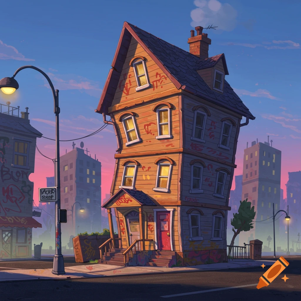 A whimsical, cartoon-style depiction of a crooked, dancing house with bright yellow windows and a red door, standing on a street corner at dusk with a street lamp beside it and city buildings in the background.