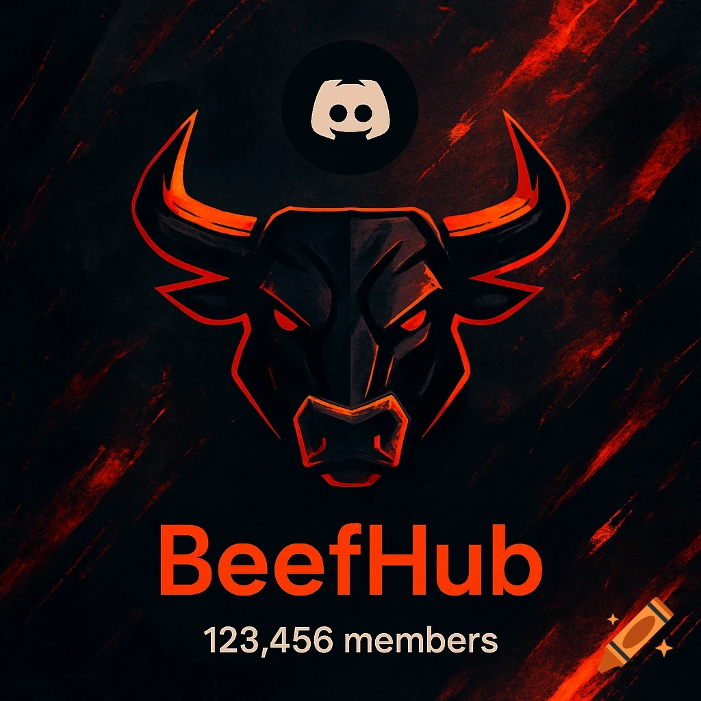 A stylized black bull head with glowing orange outlines and red eyes, above the words 'BeefHub' and '123,456 members'. A Discord logo is at the top.