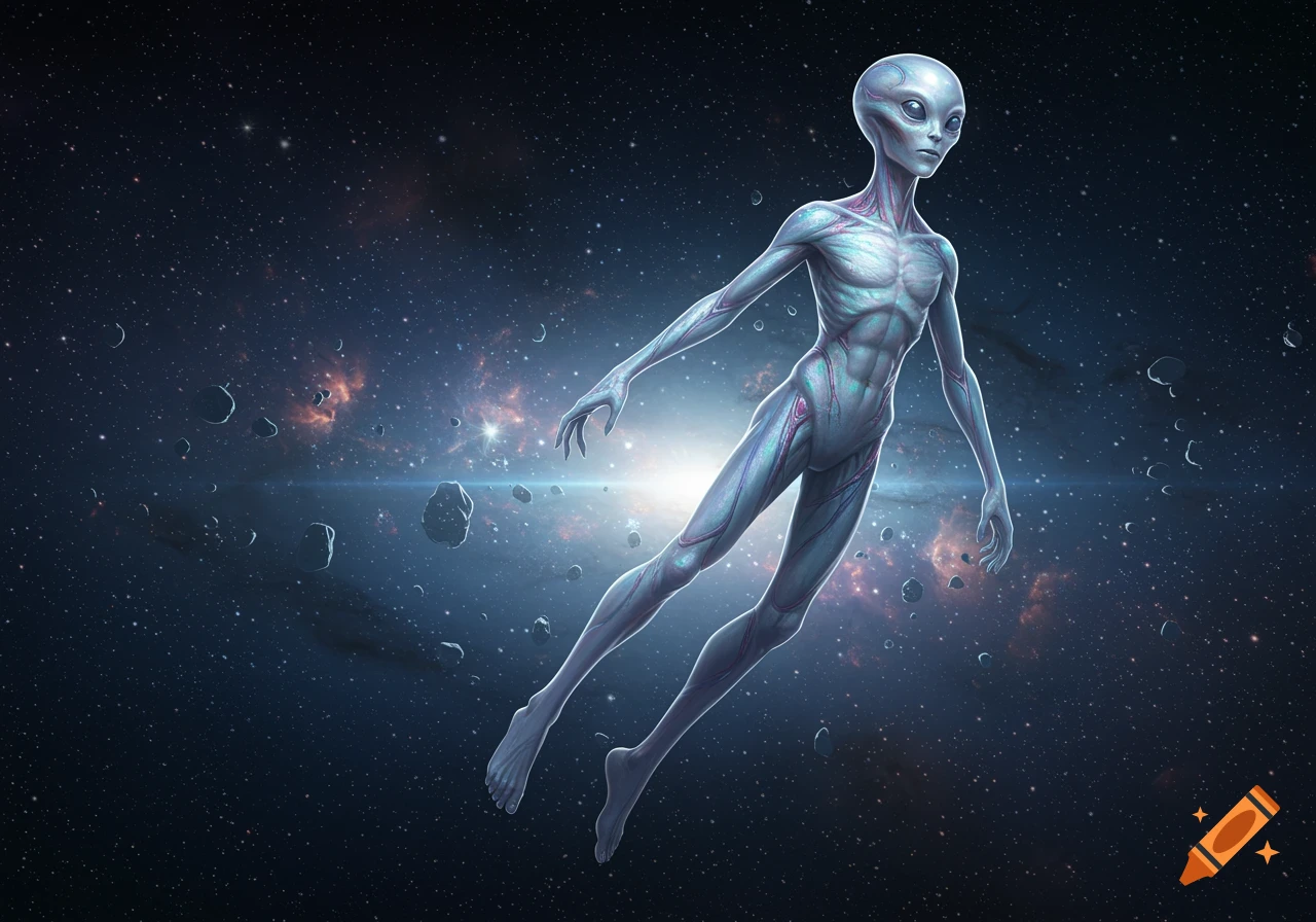 A grey alien creature with a muscular, veiny body floats in a dark starry space filled with asteroids and a bright nebula.