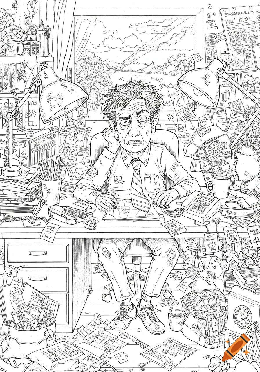 A detailed line art coloring page of a man with disheveled hair looking overwhelmed and stressed, sitting at a desk overflowing with papers in a messy room.