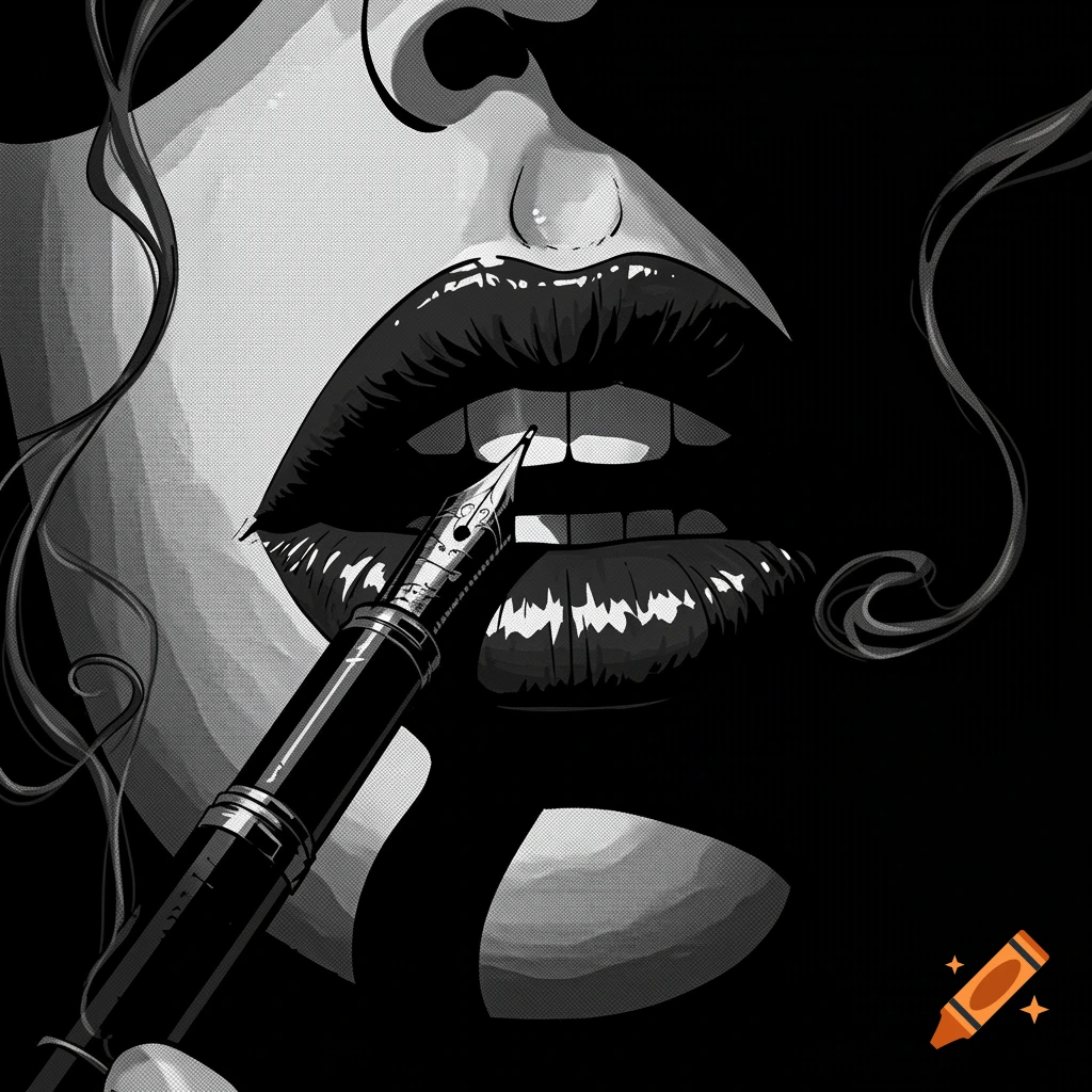 Close-up noir comic illustration of a woman's glossy lips holding a fountain pen in her mouth.