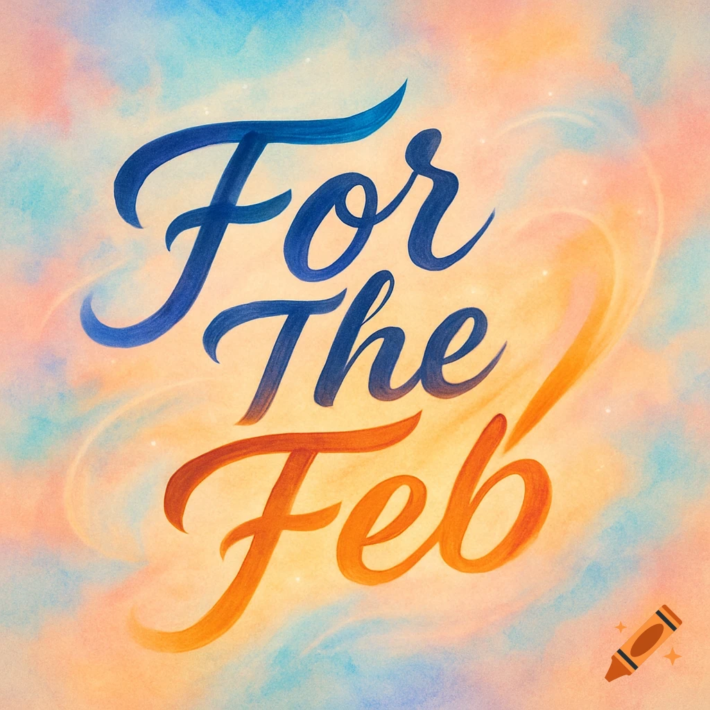 Stylized 'For The Feb' text in blue and orange brush lettering on a vibrant watercolor background.