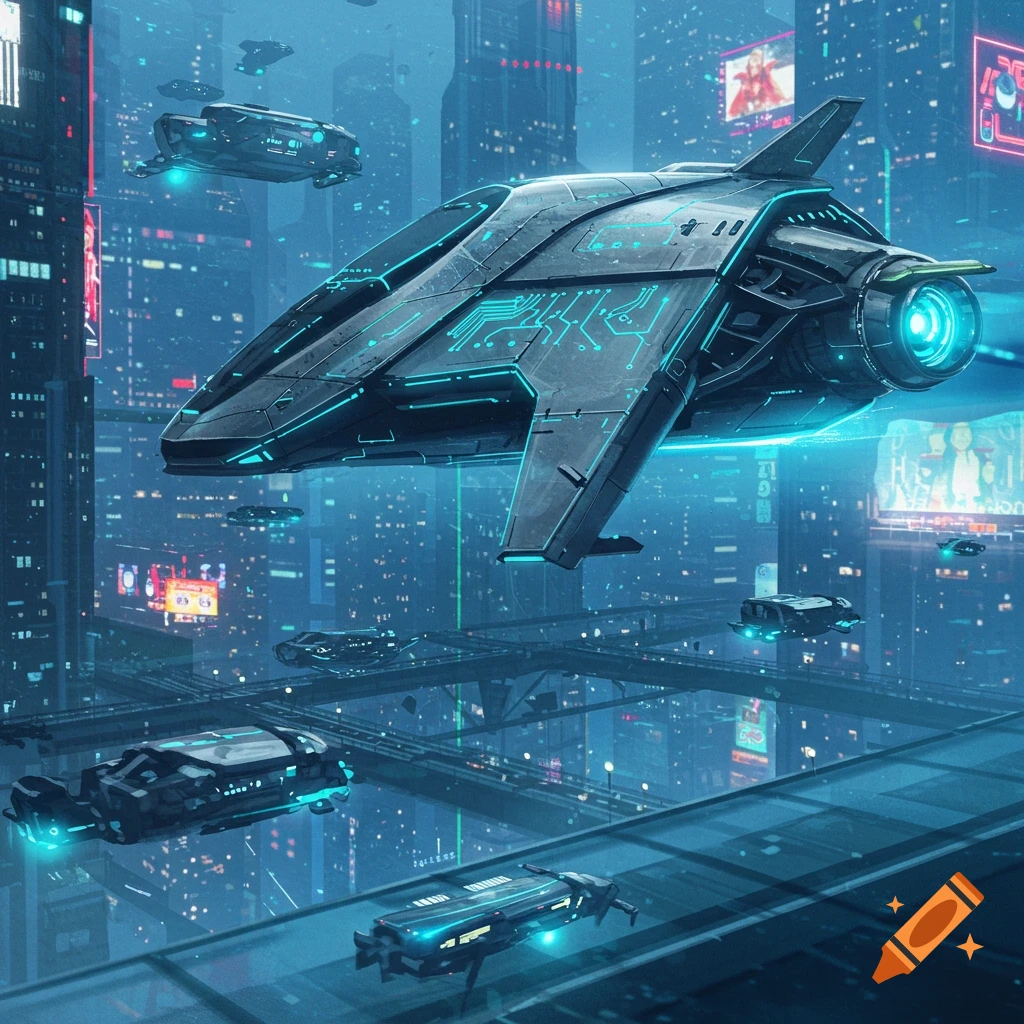 A large futuristic hovercraft with glowing blue circuitry flies above a cyberpunk city filled with towering skyscrapers and aerial roadways.