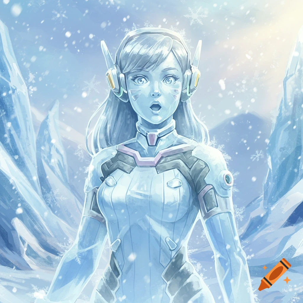 An anime-style image of D.va from Overwatch, transformed into an ice statue, with a surprised expression in a snowy landscape.