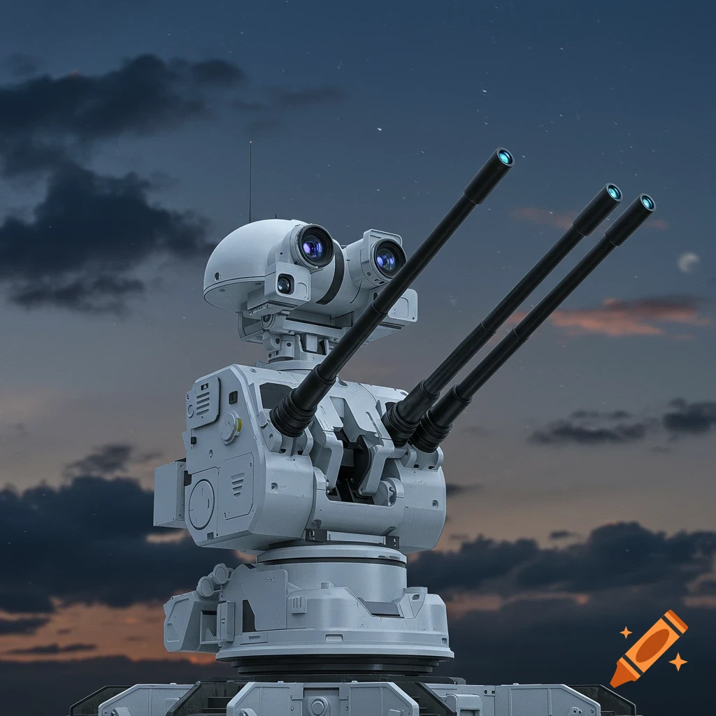 A white military anti-aircraft gun with multiple barrels and optical cameras against a cloudy twilight sky.