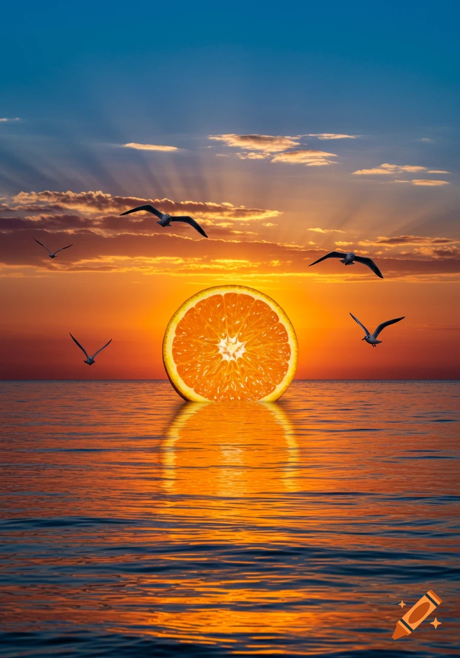 A vibrant sunset over the ocean with a large orange slice replacing the sun, casting reflections, and birds flying.