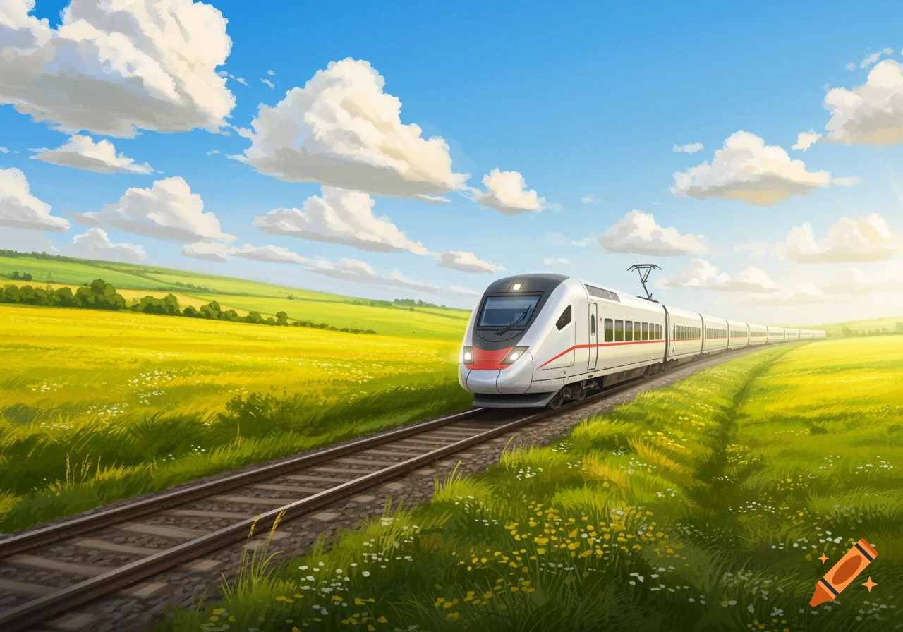 A modern train travels on tracks through a vibrant green and yellow countryside under a blue sky with fluffy white clouds, in an illustrative style.