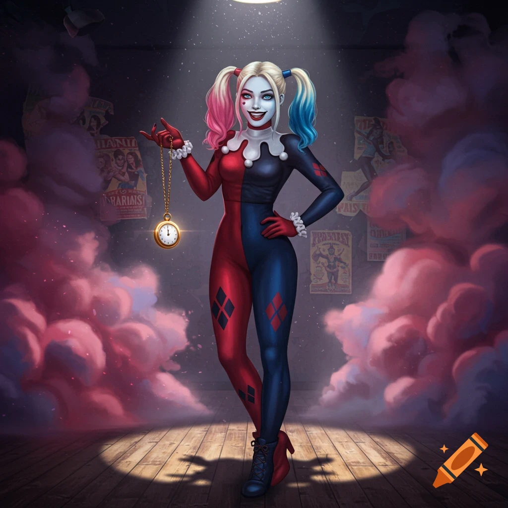 A detailed illustration of Harley Quinn in a spotlight on a stage, holding a golden pocket watch. Smoke and blurred posters are in the background.