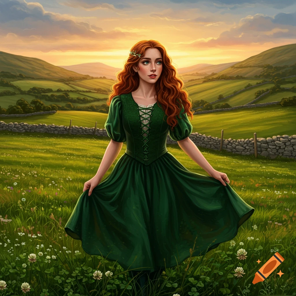 A red-haired woman in a green dress stands in a vibrant green field with rolling hills and stone walls at sunset.