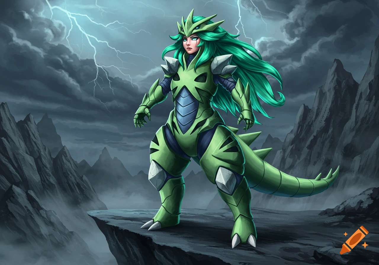 A female character in green, Tyranitar-inspired armor and green hair stands on a cliff under a stormy, lightning-filled sky.