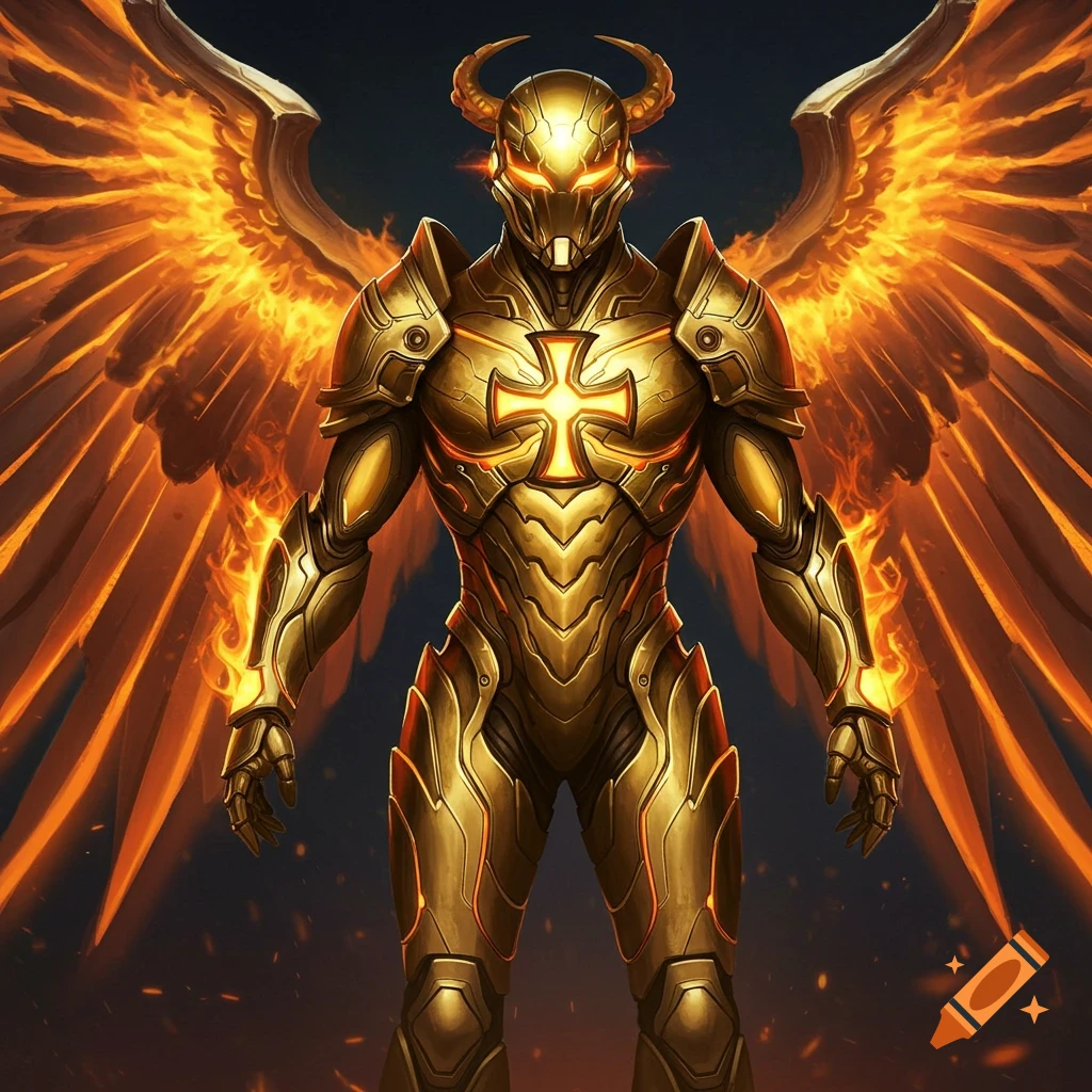 A futuristic armored figure made of molten gold with fiery wings, glowing eyes, horns, and a radiant cross insignia on its chest.