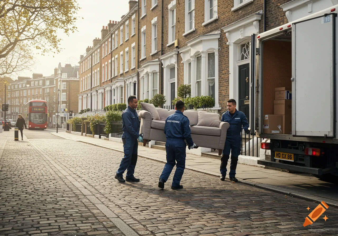 Three movers in blue uniforms carry a sofa down a cobblestone street toward a moving truck. A red double-decker bus passes in the background, with brick buildings lining the street.