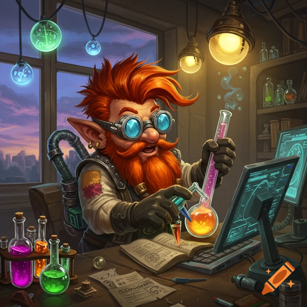 A vibrant illustration of a red-haired gnome with goggles, experimenting with colorful liquids in a cluttered scientific lab.