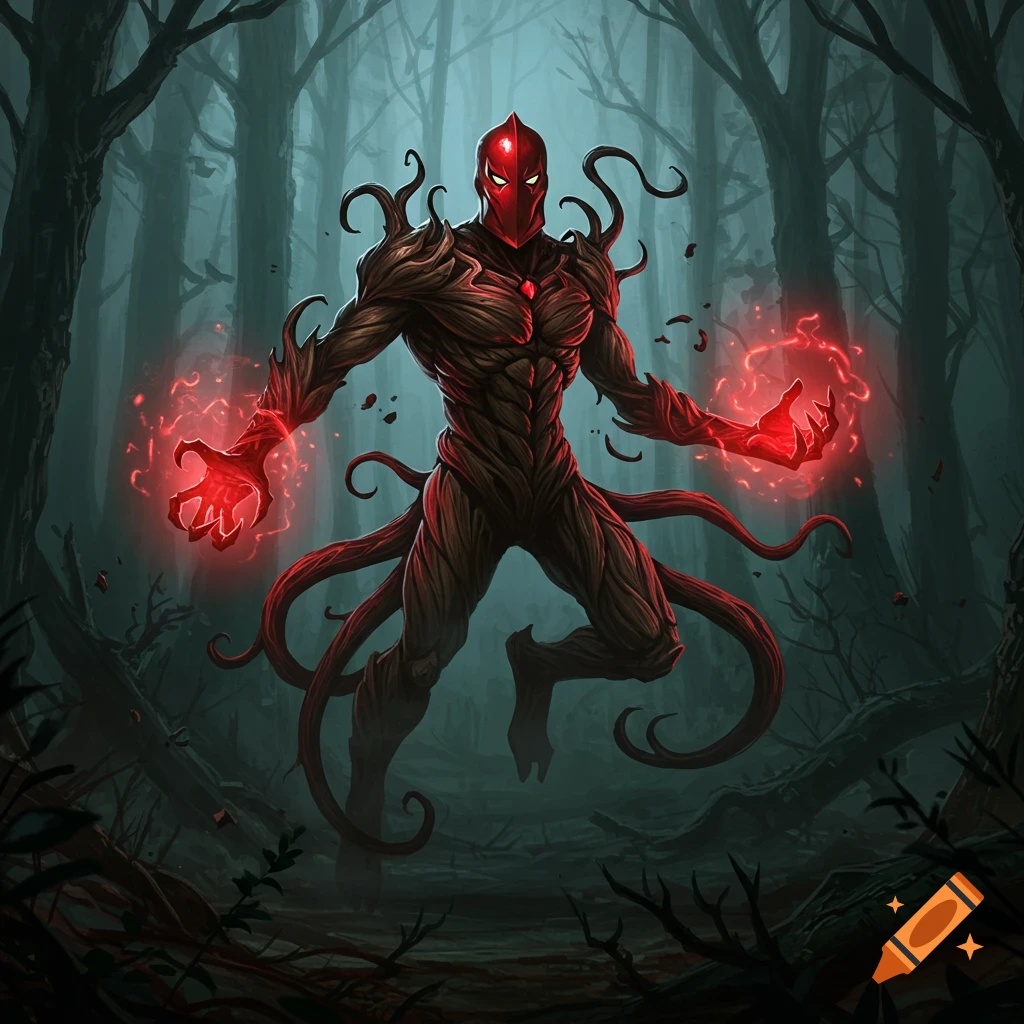 A red-helmeted, wood-like monster floats in a dark forest, hands glowing with red magic.