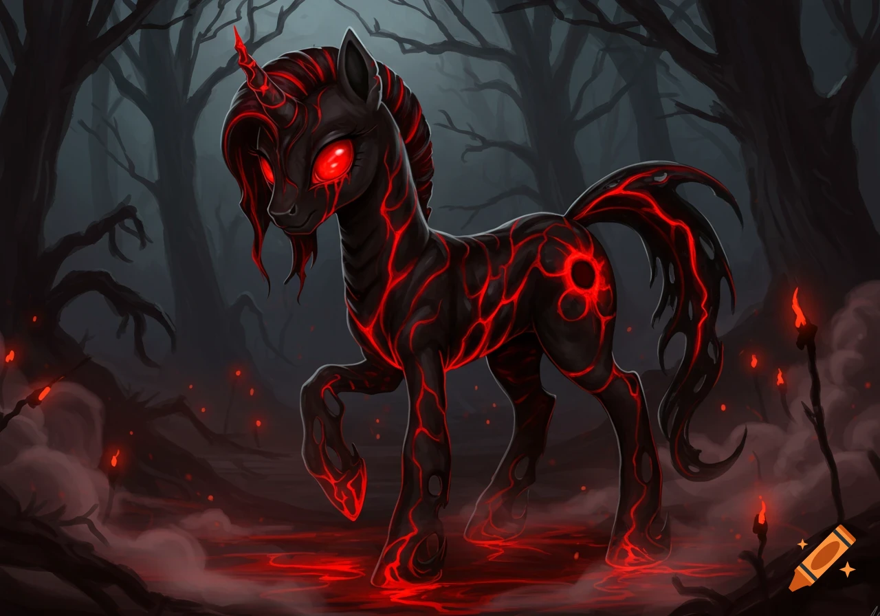 A creepy black changeling pony with glowing red eyes and lava-like markings stands in a dark, spooky forest with red glowing liquid on the ground.