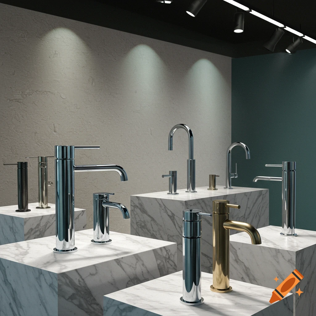 Photorealistic image of modern chrome, gold, and black faucets displayed on white marble pedestals in a showroom.