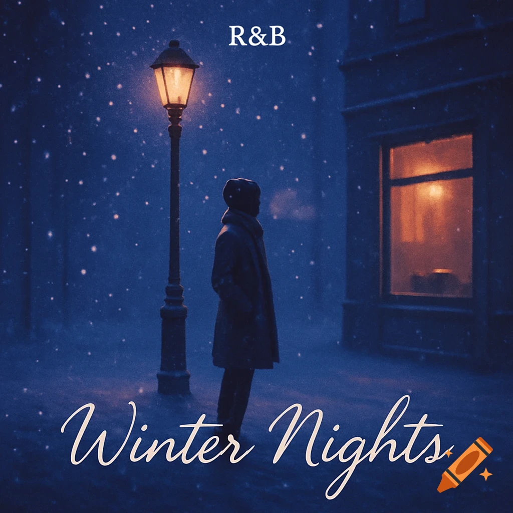 A lone figure stands by a street lamp on a snowy, blue-toned city street at night. Text reads "R&B" and "Winter Nights".