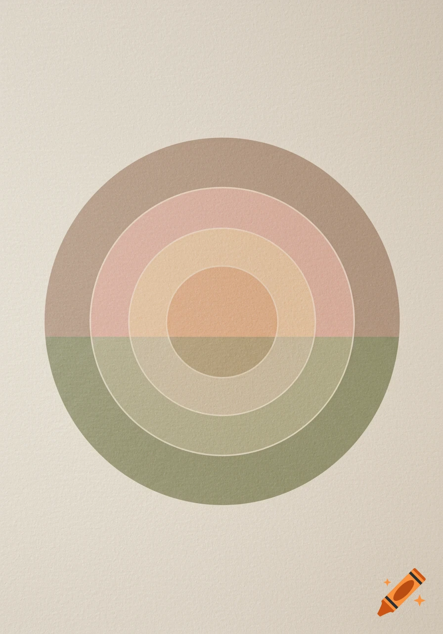 Minimalist abstract concentric circles, split horizontally with pastel warm tones above and green tones below, on a textured beige background.
