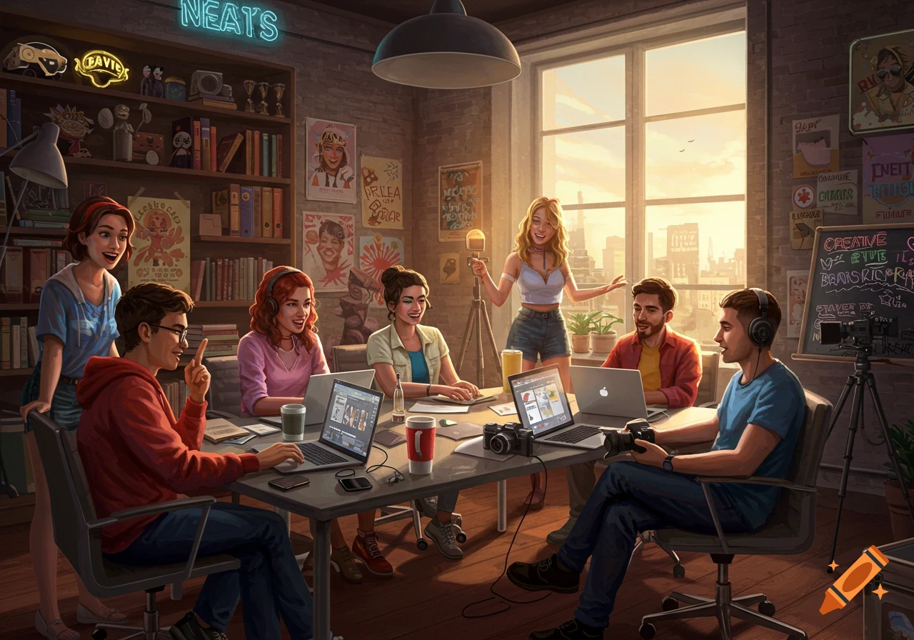 A group of diverse young adults in a modern office or studio, likely social media creators, working on laptops, recording with microphones, and collaborating around a large table with large windows in the background.