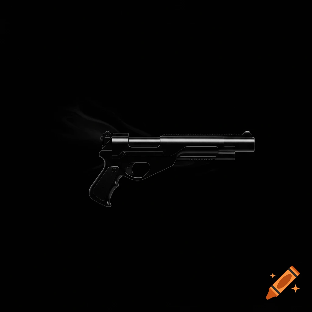 A sleek, black training blaster against a jet black background, with faint smoke emanating from it.