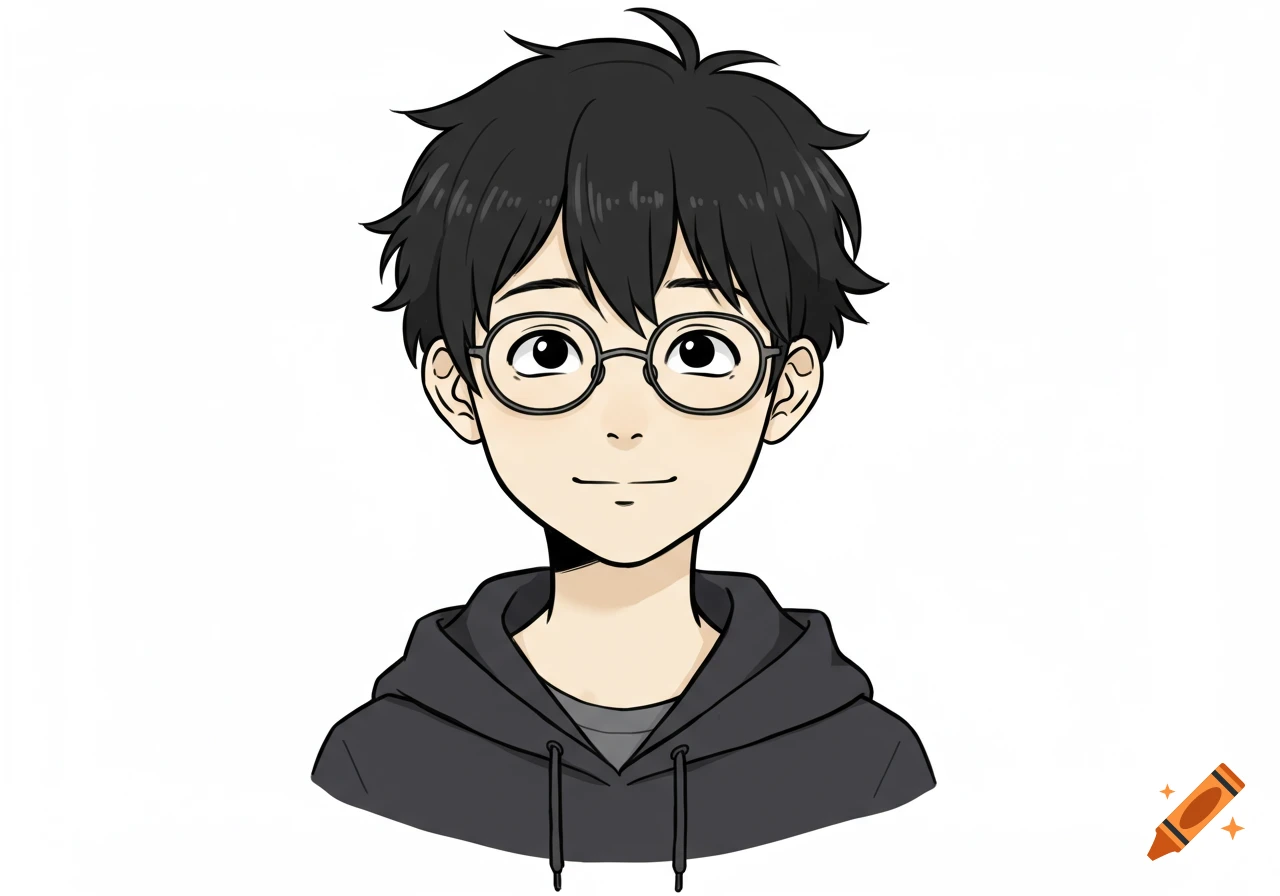 Anime-style portrait of a boy with black messy hair and glasses wearing a dark hoodie, smiling.