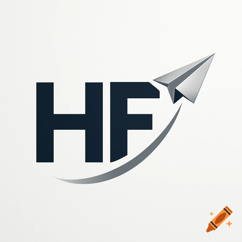 A logo featuring the dark grey letters 'HF' with a silver paper airplane flying upwards to the right, trailed by a curved grey line, against a white background.