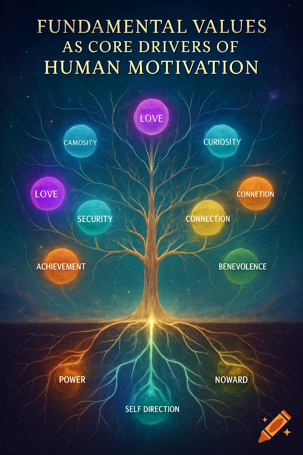 A glowing tree with roots and branches, each ending in a colorful orb containing words like 'LOVE', 'SECURITY', 'CURIOSITY', and 'ACHIEVEMENT'. The background is a starry night sky. Text at the top reads 'FUNDAMENTAL VALUES AS CORE DRIVERS OF HUMAN MOTIVATION'.