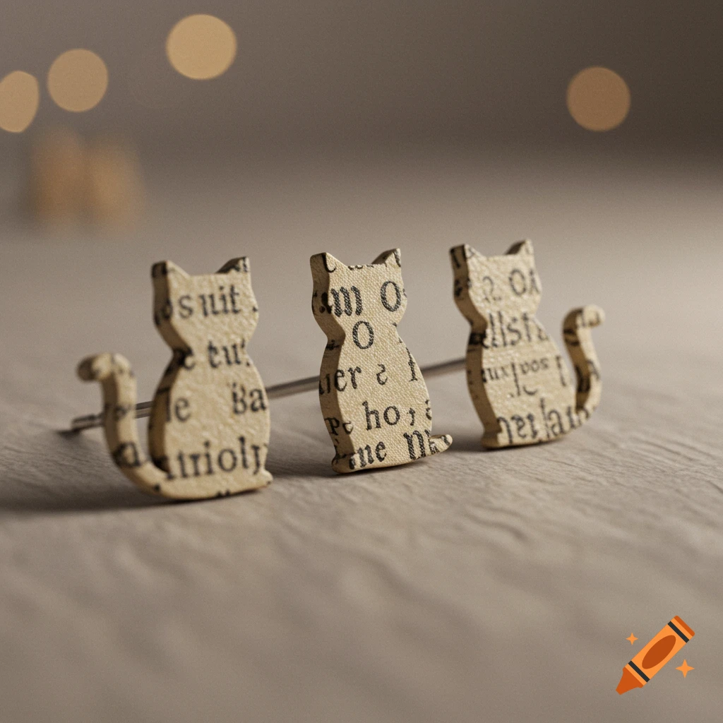 Three cat-shaped paper earring studs with printed text, arranged on a light wooden surface.