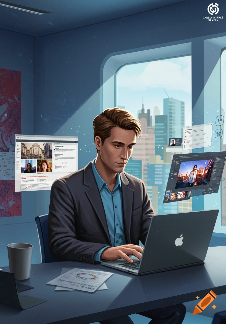 A man in a suit jacket and blue shirt works on a laptop at a desk, with several transparent digital screens floating around him in an office setting with a city view.