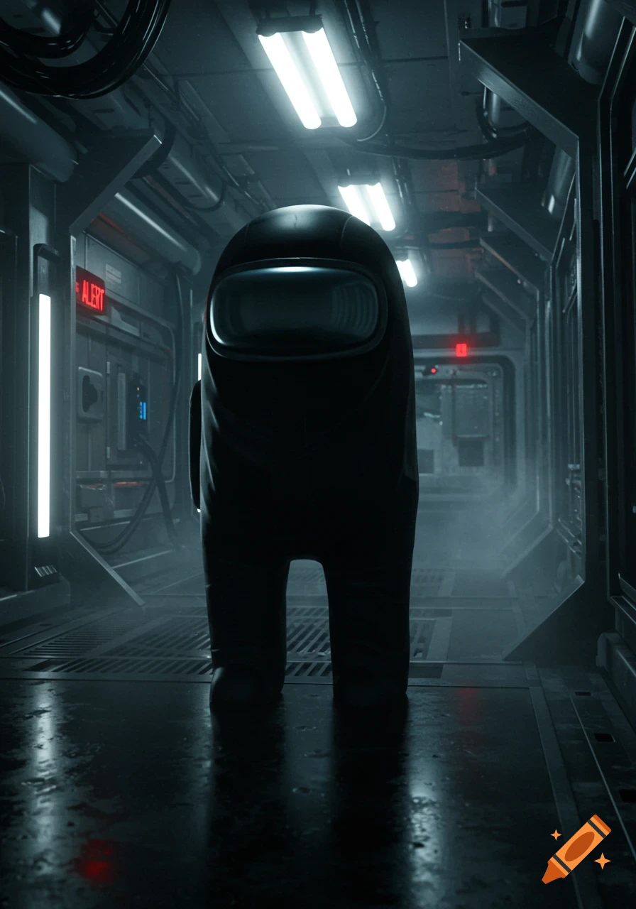 A black Among Us character stands in a dark, atmospheric sci-fi corridor with glowing lights and an 'ALERT' sign. Photorealistic.