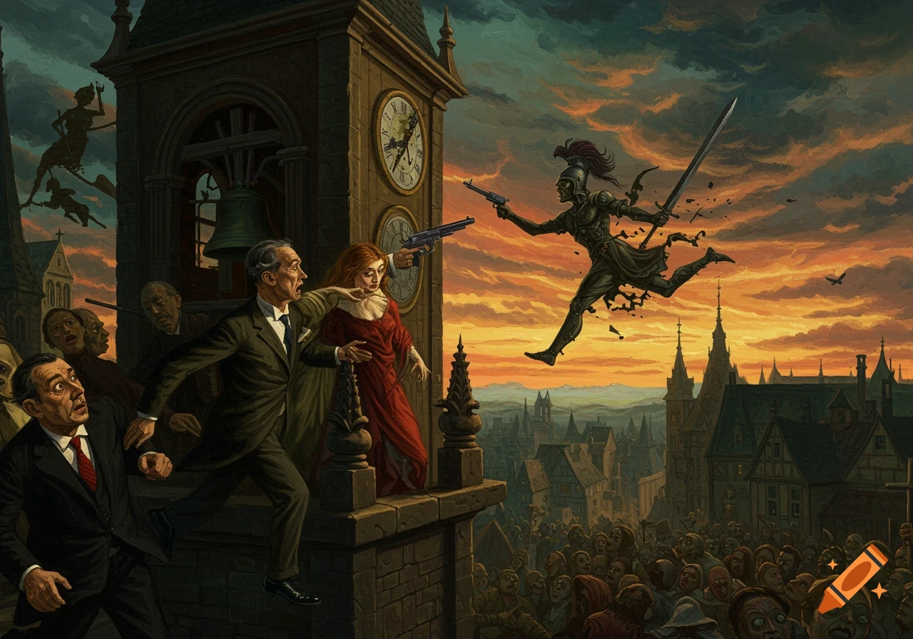 A stylized oil painting shows a man and woman on a church belfry, one shooting a pistol at a knight-like figure impaled on a clock sword, as a panicked crowd watches below a dramatic sky.