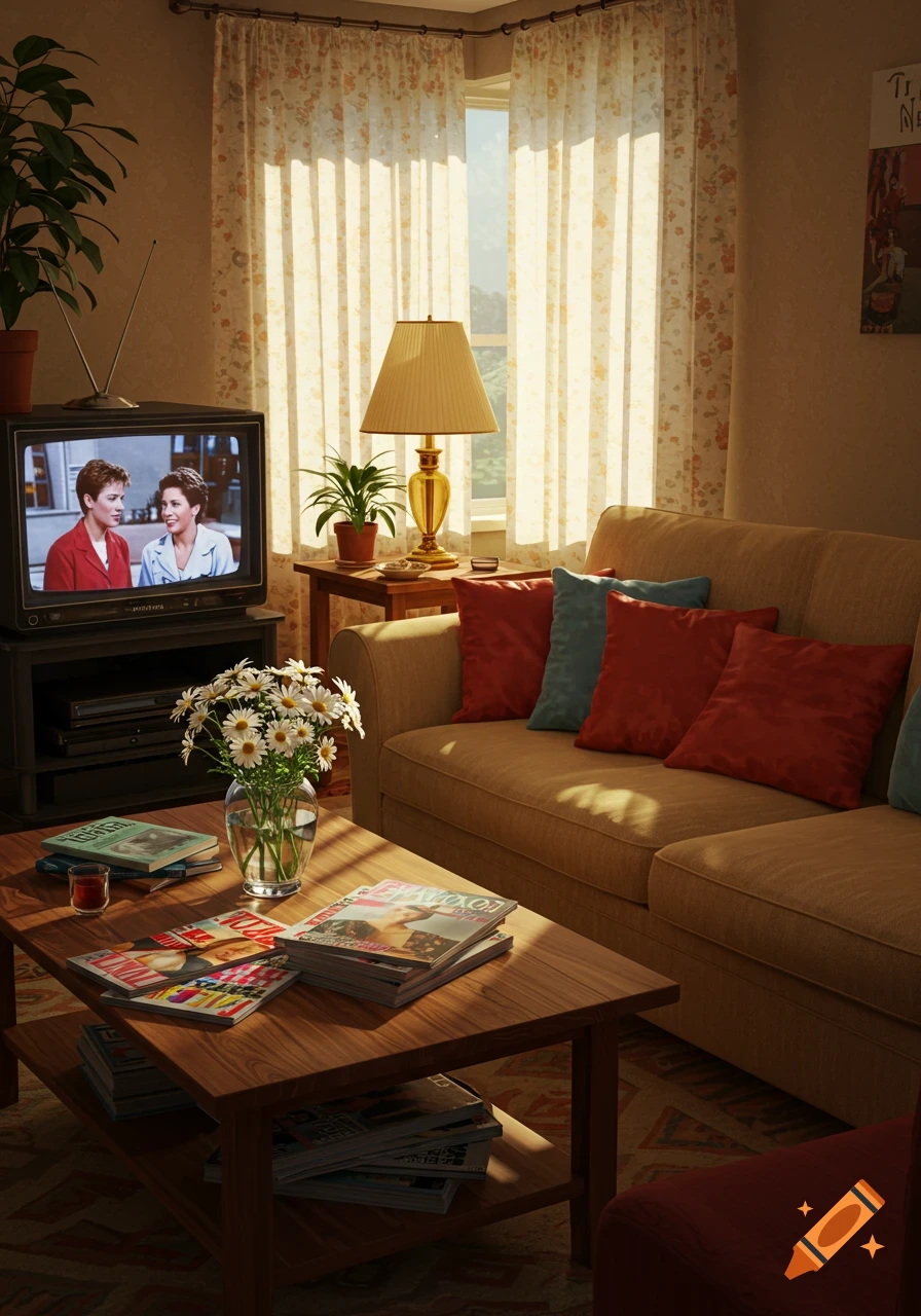 A photorealistic 2000s living room with an old CRT TV, a beige couch, and a coffee table with magazines and flowers.