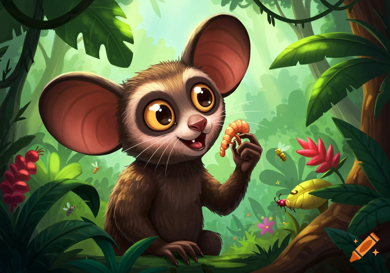 A cute cartoon aye-aye with big eyes and ears holds a grub in a lush jungle setting, cartoon illustration.
