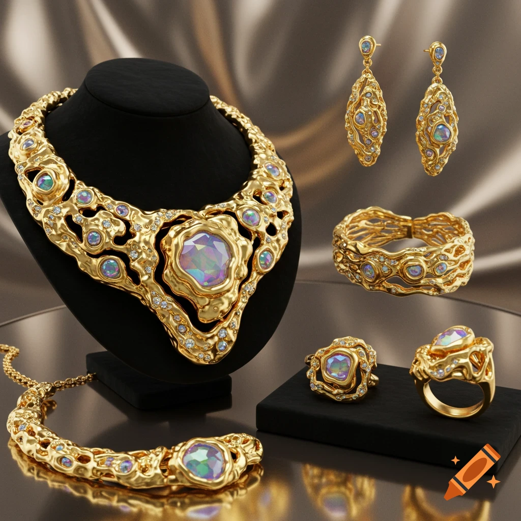 An elaborate gold jewelry set featuring a necklace on a black bust, earrings, a bracelet, and two rings, all adorned with iridescent gemstones.