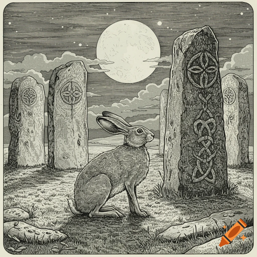 A detailed line drawing of a hare sitting in an ancient Celtic stone circle under a full moon and starry sky.